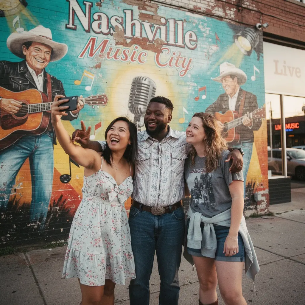 Красивая улица с яркими вывесками музыкальных заведений в Нэшвилле.