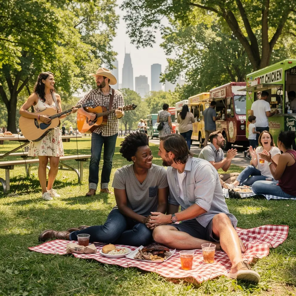 Музыкант на сцене, исполняющий кантри-песню под огнями софитов.
