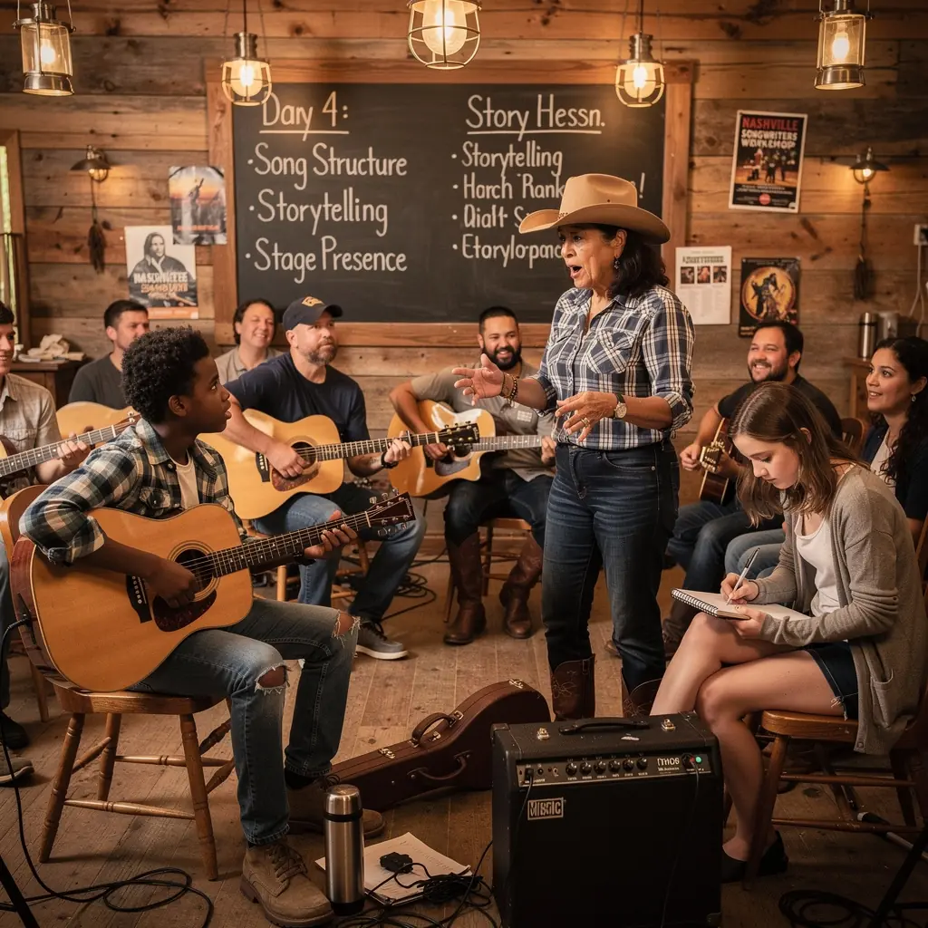 Живое выступление музыкантов в стиле кантри на сцене Нэшвилла.