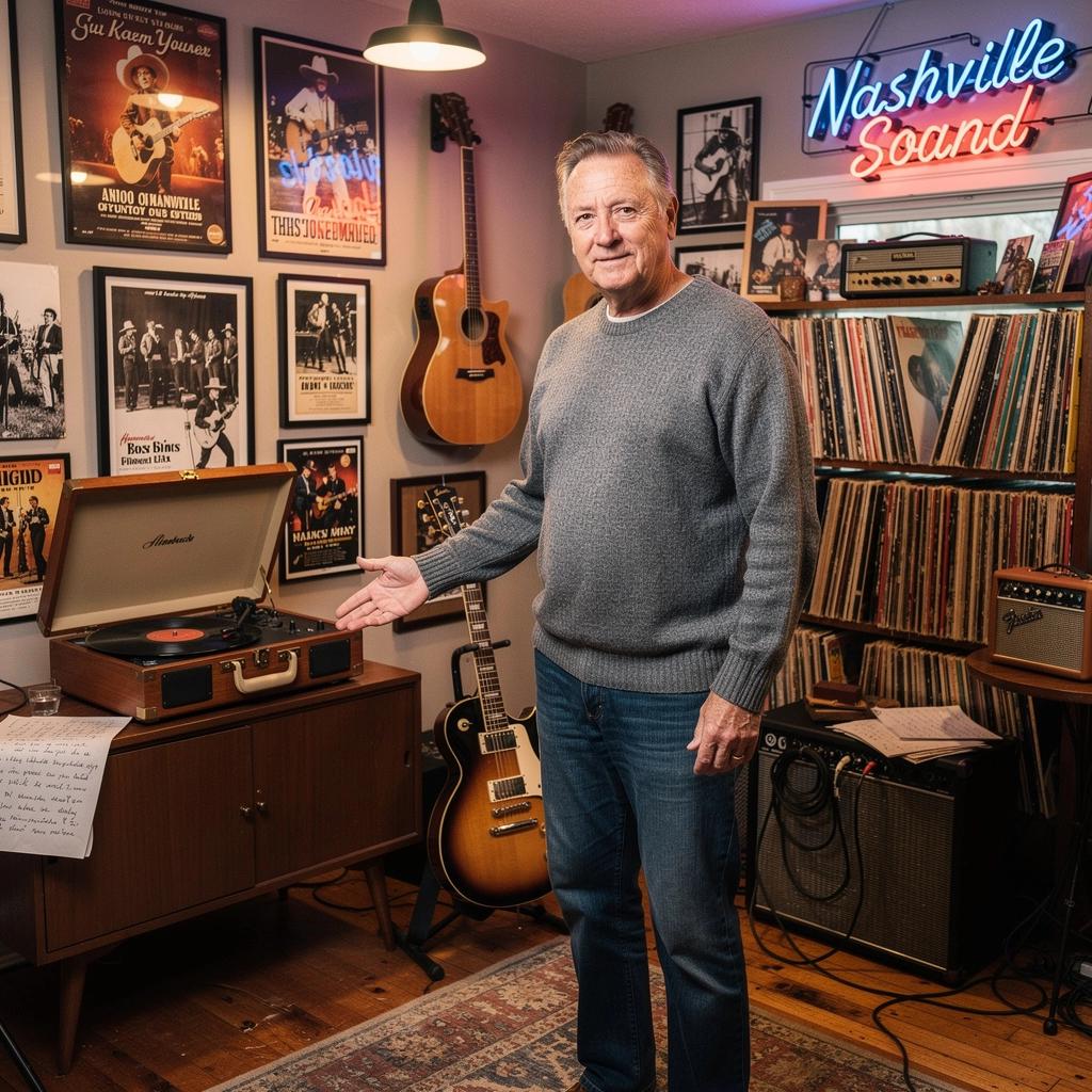 Классический кантри-музыкант с гитарой на фоне ярких огней города.